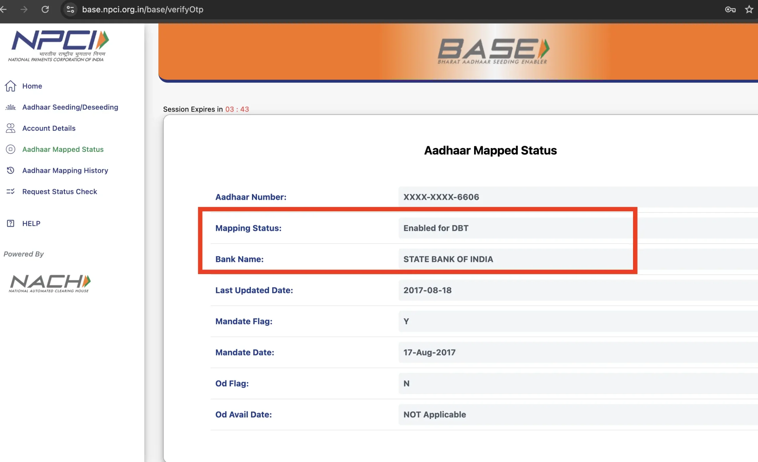 Aadhar Seeding-Status Confirmation After OTP