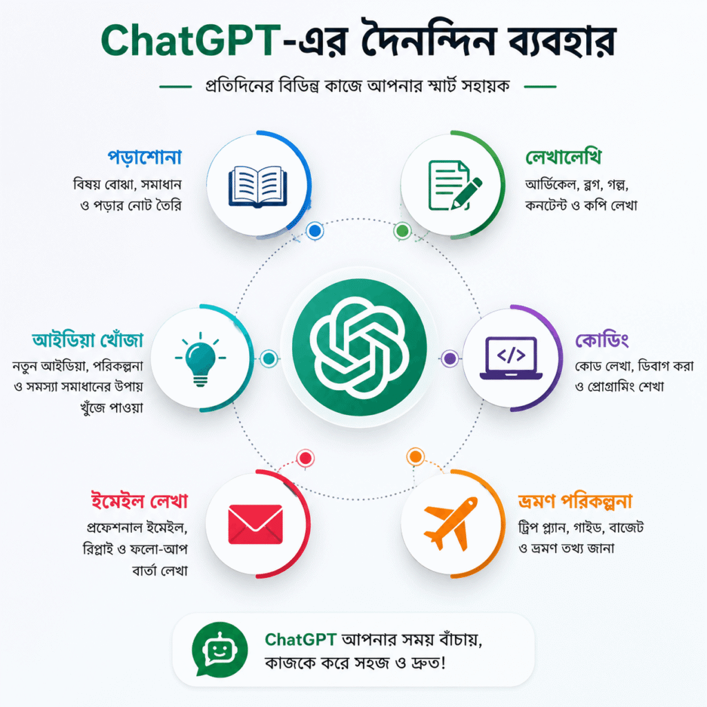 ChatGPT-এর দৈনন্দিন ব্যবহার দেখানো একটি ইনফোগ্রাফিক, যেখানে পড়াশোনা, লেখালেখি, কোডিং, ইমেইল লেখা, ভ্রমণ পরিকল্পনা এবং নতুন আইডিয়া খোঁজার মতো বিভিন্ন কাজ তুলে ধরা হয়েছে।