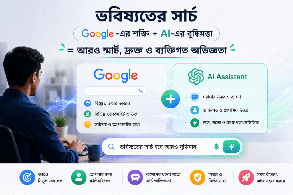 ভবিষ্যতের সার্চ প্রযুক্তি দেখানো একটি ইনফোগ্রাফিক, যেখানে Google Search এবং AI Assistant একসঙ্গে কাজ করে দ্রুত, স্মার্ট এবং ব্যক্তিগতকৃত তথ্য অনুসন্ধানের অভিজ্ঞতা প্রদান করছে।