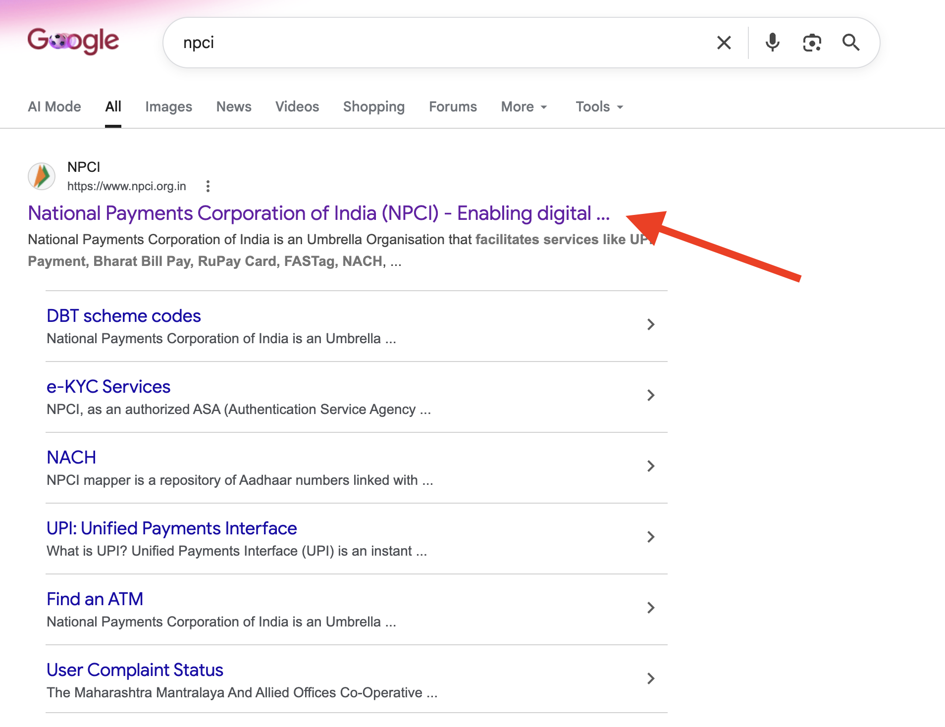 NPCI search in google