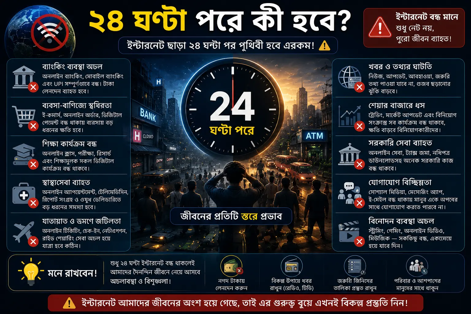 ২৪ ঘণ্টা পরে কী হবে? ইন্টারনেট বন্ধের প্রভাব ইন্টারনেট ২৪ ঘণ্টার জন্য বন্ধ থাকলে ব্যাংকিং, ব্যবসা, শিক্ষা, যোগাযোগ, স্বাস্থ্যসেবা এবং দৈনন্দিন জীবনে কী প্রভাব পড়তে পারে তা দেখানো একটি ইনফোগ্রাফিক।