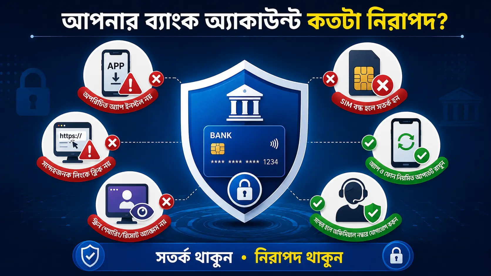 আপনার ব্যাংক অ্যাকাউন্ট কতটা নিরাপদ? আপনার ব্যাংক অ্যাকাউন্ট কতটা নিরাপদ - অনলাইন ব্যাংকিং নিরাপত্তা ও সাইবার প্রতারণা থেকে সুরক্ষার প্রতীকী চিত্র