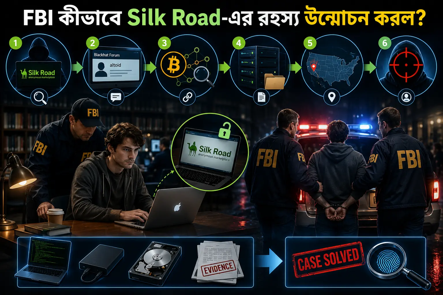 Silk Road তদন্তে FBI কীভাবে ডিজিটাল সূত্র, Bitcoin, সার্ভার বিশ্লেষণ এবং Ross Ulbricht-এর গ্রেপ্তার পর্যন্ত পৌঁছায়—তার ধারণামূলক ইনফোগ্রাফিক।