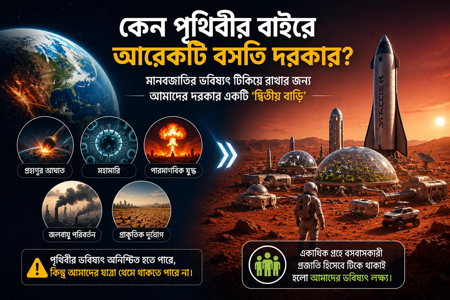 কেন পৃথিবীর বাইরে আরেকটি বসতি দরকার? কেন পৃথিবীর বাইরে আরেকটি বসতি দরকার - SpaceX-এর মঙ্গল গ্রহে মানব বসতি স্থাপনের পরিকল্পনার চিত্র
