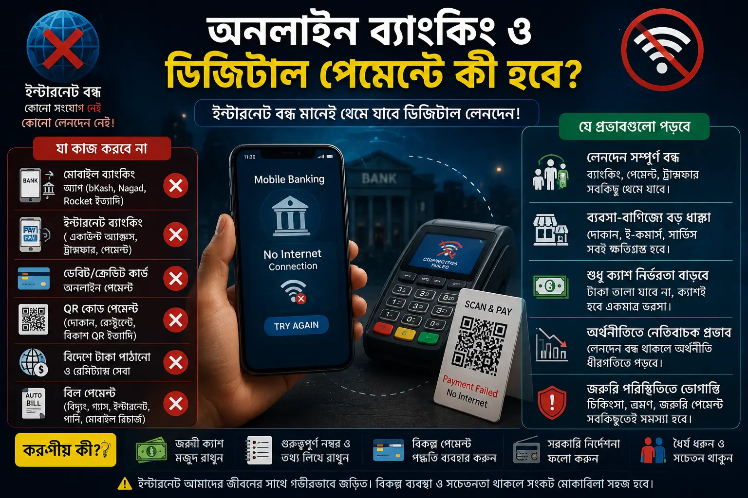 ইন্টারনেট বন্ধ হলে অনলাইন ব্যাংকিং ও ডিজিটাল পেমেন্টে কী হবে? ইন্টারনেট বন্ধ হয়ে গেলে অনলাইন ব্যাংকিং, UPI, QR কোড পেমেন্ট এবং ডিজিটাল লেনদেন কীভাবে প্রভাবিত হতে পারে তা দেখানো একটি ইনফোগ্রাফিক।