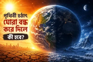 পৃথিবী হঠাৎ ঘোরা বন্ধ করে দিলে কী হবে তা দেখানো একটি চিত্র, যেখানে পৃথিবীর এক পাশে চরম গরম ও অন্য পাশে তীব্র শীতের প্রভাব দেখানো হয়েছে