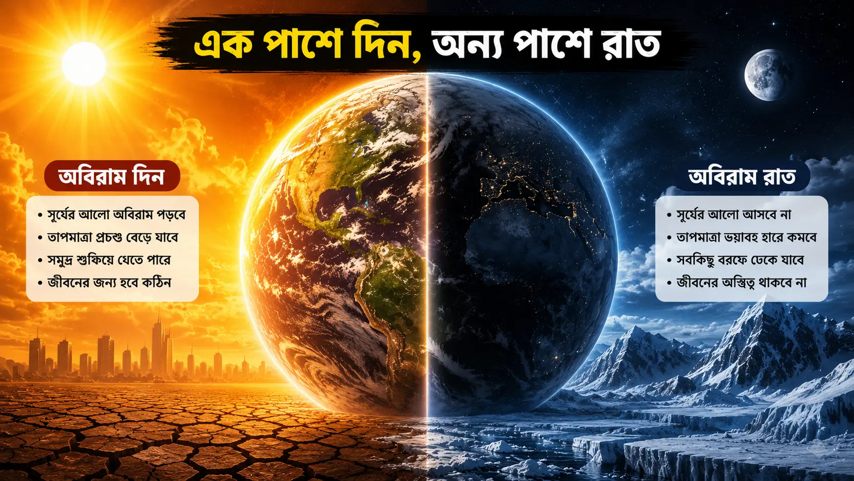 prithibi-theme-gele-din-rat পৃথিবী হঠাৎ ঘোরা বন্ধ করে দিলে এক পাশে দীর্ঘদিন ও অন্য পাশে দীর্ঘ রাতের কল্পনামূলক চিত্র