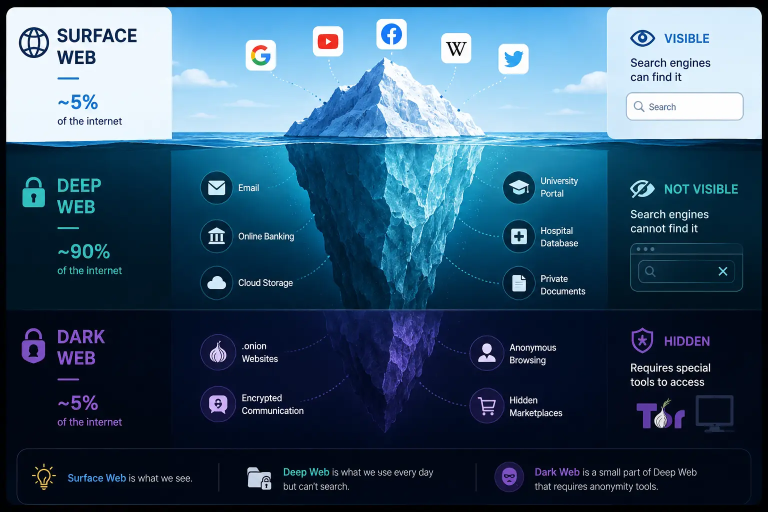 Surface Web, Deep Web এবং Dark Web-এর পার্থক্য দেখানো আইসবার্গ ইনফোগ্রাফিক, যেখানে সার্চযোগ্য ওয়েব, ব্যক্তিগত ডেটা এবং Tor-ভিত্তিক ডার্ক ওয়েবকে ভিজ্যুয়ালি উপস্থাপন করা হয়েছে।