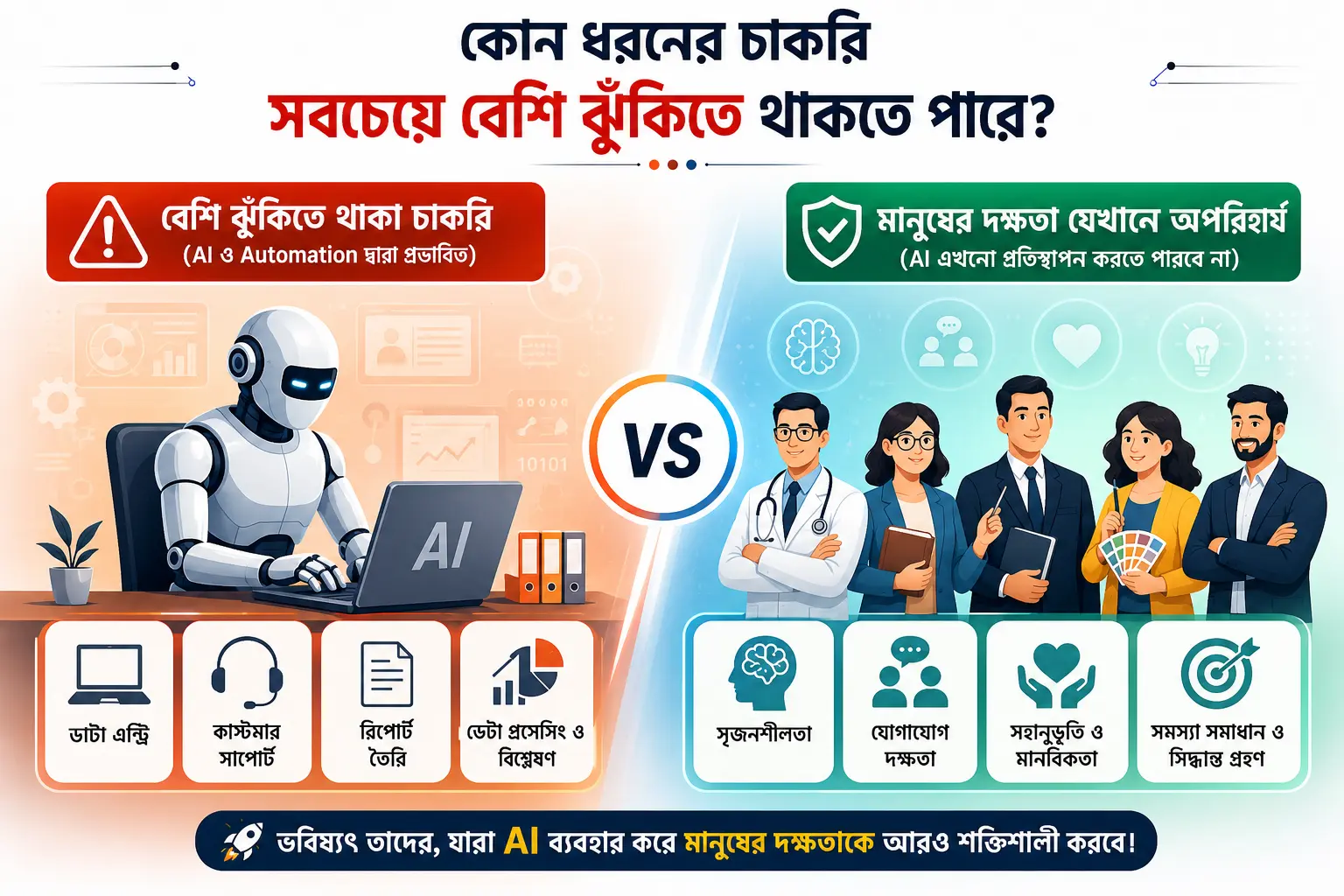 AI-এর কারণে কোন চাকরি সবচেয়ে বেশি ঝুঁকিতে? AI-এর কারণে কোন ধরনের চাকরি সবচেয়ে বেশি ঝুঁকিতে থাকতে পারে—Automation ও মানুষের দক্ষতার তুলনামূলক চিত্র।