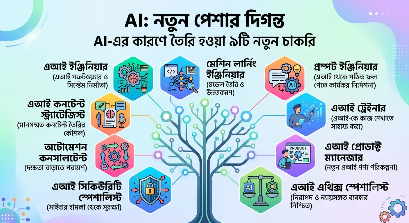 AI-এর কারণে নতুন কী ধরনের চাকরি তৈরি হচ্ছে? AI-এর কারণে তৈরি হওয়া নতুন চাকরি যেমন AI Engineer, Prompt Engineer, AI Trainer, AI Product Manager ও AI Security Specialist-এর ধারণামূলক চিত্র।
