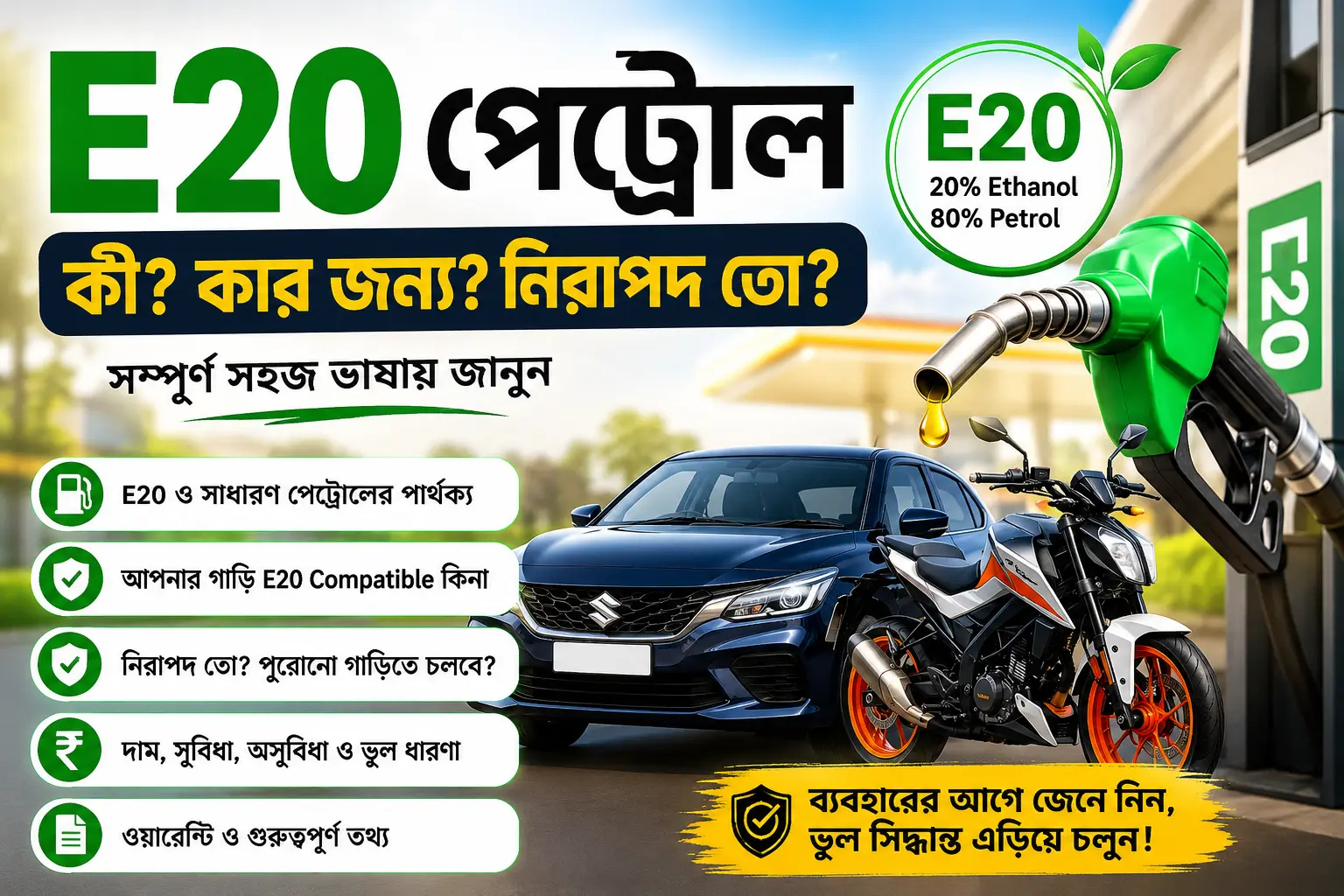 E20 পেট্রোল কী এবং আপনার বাইক বা গাড়ি E20 Compatible কিনা তা বোঝানোর তথ্যবহুল ছবি