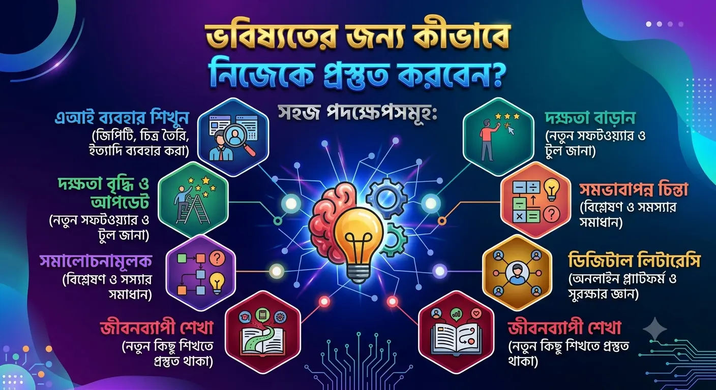 ভবিষ্যতের জন্য AI যুগে কীভাবে নিজেকে প্রস্তুত করবেন? ল্যাপটপে AI টুল ব্যবহার করে নতুন দক্ষতা শেখা, ডিজিটাল স্কিল উন্নয়ন এবং ভবিষ্যতের ক্যারিয়ারের জন্য প্রস্তুতির ধারণামূলক চিত্র।