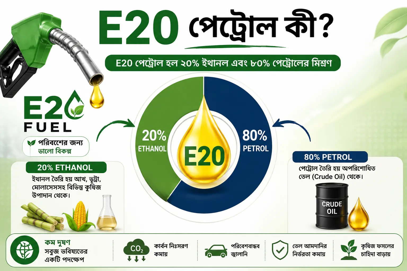 E20 পেট্রোল কী? ২০% Ethanol ও ৮০% Petrol-এর মিশ্রণ E20 পেট্রোলে ২০% Ethanol ও ৮০% Petrol-এর মিশ্রণ এবং এর উৎস বোঝানো ইনফোগ্রাফিক।